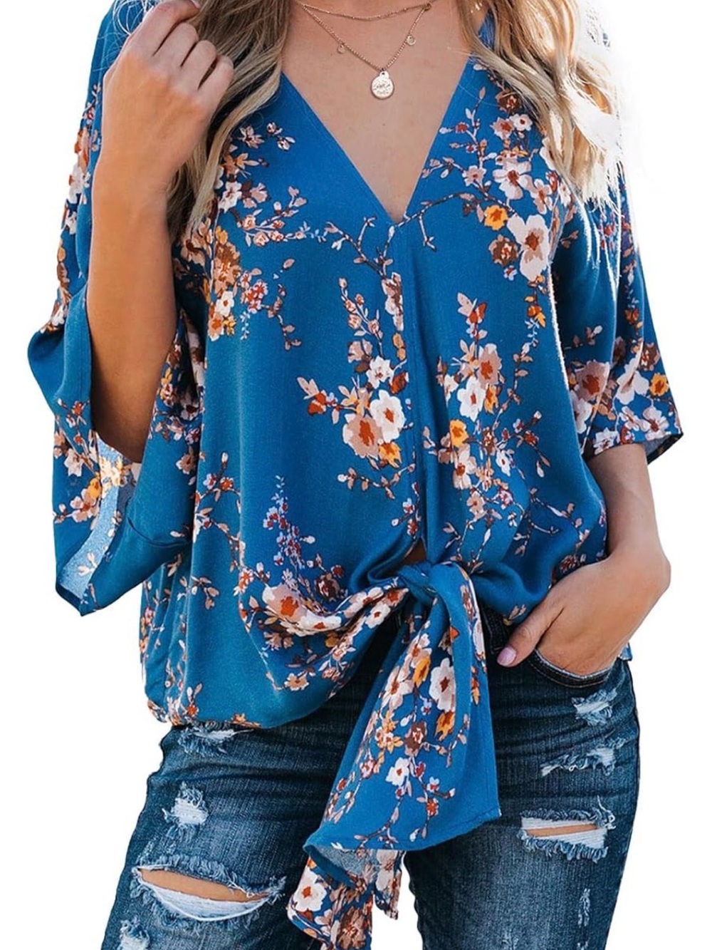 Floral V-Neck Tie-Front Top - Blue